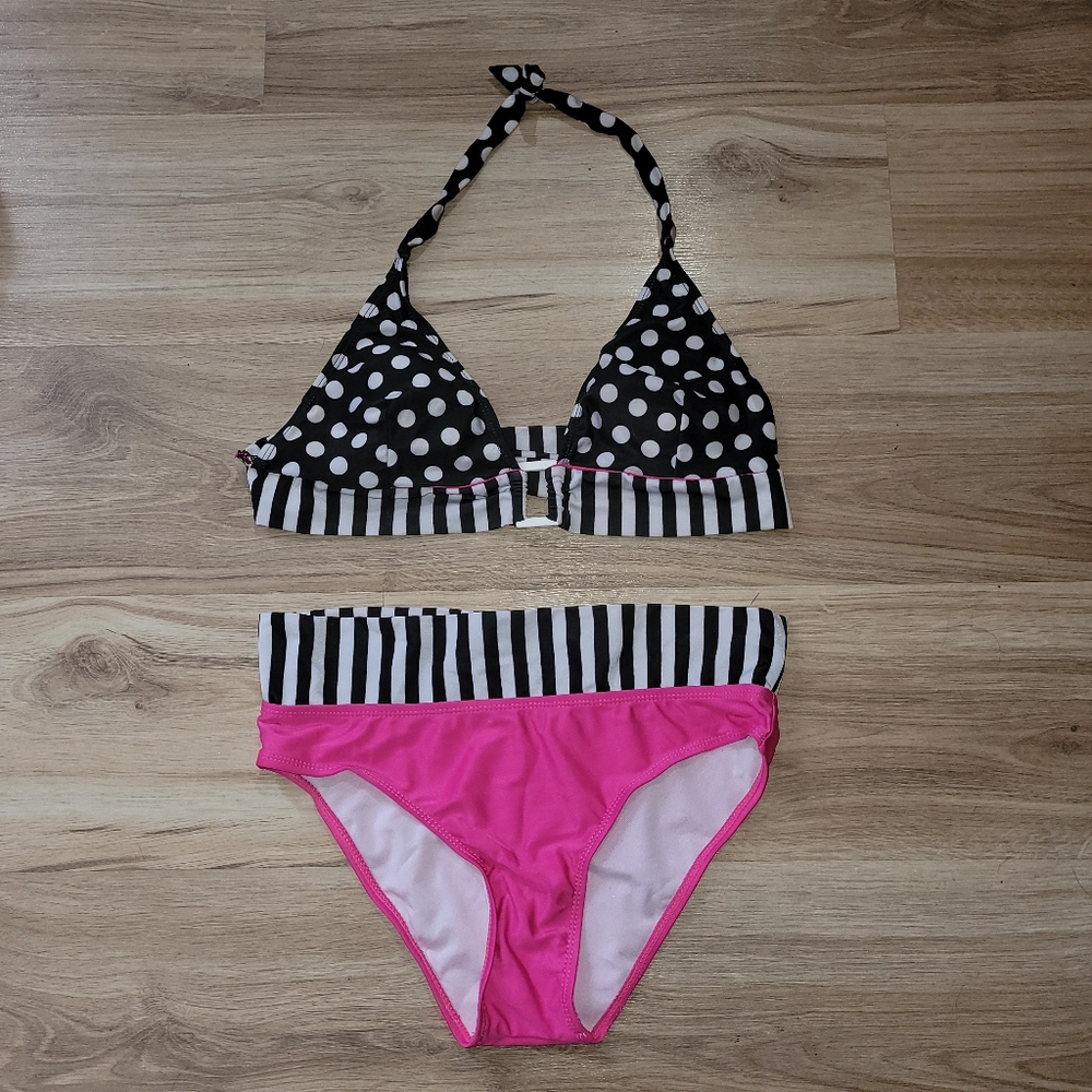 Womens Strip / Spot Pink/Black Bikini